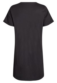 Čierne tričko s krátkymi rukávmi, okrúhlym výstrihom a voľným strihom. Vyrobené z mäkkej látky s hladkou textúrou bez viditeľných vzorov alebo akcentov.