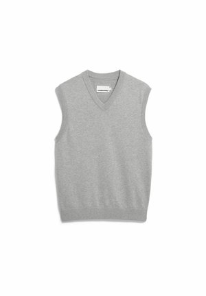 Hellgraue ärmellose Strickweste mit V-Ausschnitt und Rippbündchen, mit kleinem gesticktem Logo auf der linken Brust.
