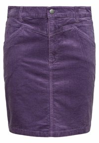 Lila Cord-Rock mit Fronttaschen, Gürtelschlaufen und einem Metallknopfverschluss an der Taille.