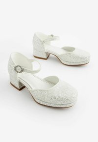 Pantofi Mary Jane strălucitori, din argintiu, cu vârf rotund, toc cub și curea reglabilă cu o cataramă decorativă. Interior neted.