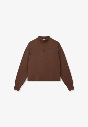 Felpa marrone a maniche lunghe con collo alla coreana e piccolo ricamo centrale sul petto, distesa su uno sfondo bianco.