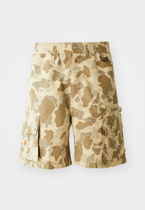 Khaki cargo shorts med ett kamouflagemönster i bruna nyanser. Har resårmidja, sidofickor och detaljer i tyg.