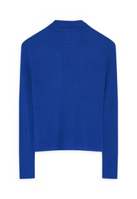Modrý rebrovaný sveter s golierovým výstrihom a dlhými rukávmi. Má textúrovanú tkaninu a rovný strih na leme. Zobrazený je pohľad zozadu.
