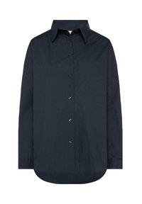 Navy blue long-sleeve shirt in cotton blend featuring a button-up front, point collar, and single patch pocket on the left chest.