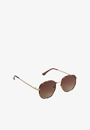 Braune Gradient-Sonnenbrille mit hexagonalem Rahmen, Acetatgestell im Schildpattmuster und goldfarbenen Metallakzenten.