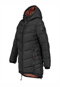 Schwarze Daunenjacke mit Kapuze, verfügt über ein gestepptes Design, einen vorderen Reißverschluss, orangefarbenes Innenfutter und gerippte Bündchen. Beinhaltet eine Markenstoff-Akzent.