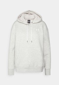 Ljusgrå sweatshirt med huva, tillverkad av mjukt material, med en framficka i kangurostil, vita snören och en liten logotyp på bröstet.
