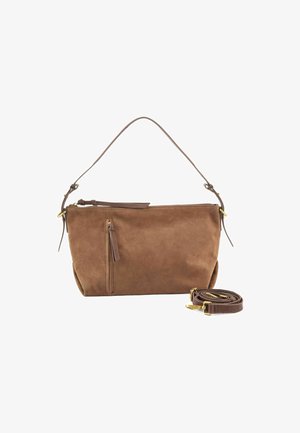 Braune Wildlederhandtasche mit Reißverschluss, einer Seitentasche mit Quasten-Detail und einem abnehmbaren braunen Schultergurt. Akzente aus goldfarbenem Metall.