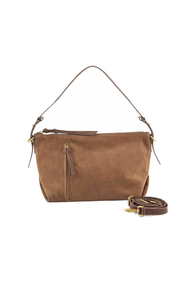 Borsa a tracolla in suede marrone con zip superiore, tasca laterale con dettaglio a nappina e tracolla staccabile marrone. Accenti in metallo dorato.