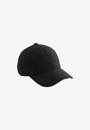 Sort seks-panel baseballkasket med buet skygge og syede ventilationshuller på hvid baggrund.
