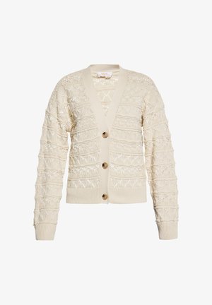 Beige kötött kardigán V-alakú nyakkivágással, texturált mintával, négy fa gombbal, valamint bordázott mandzsettákkal és szegéllyel.