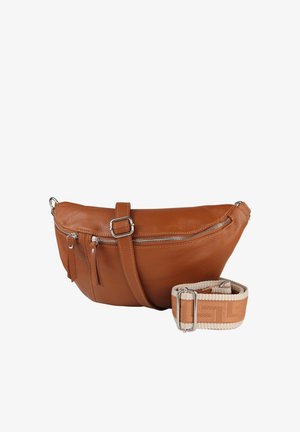 Bruine leren heuptas met zilveren ritsen en verstelbare beige en bruine geweven band met metalen gesp.