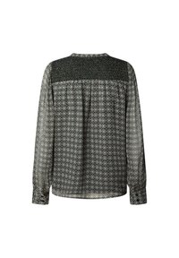 Blusa a maniche lunghe con tessuto patterato scuro che presenta motivi geometrici blu chiaro e rossi, yoke testurizzato e polsini con bottoni.