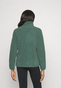 Giacca in pile verde con collo alto e finitura testurizzata, dotata di maniche lunghe e vestibilità rilassata. Senza hardware o motivi visibili.