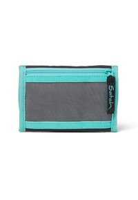Gray zippered pouch with teal accents, made of mesh fabric. Features a prominent logo tag and a rectangular shape.