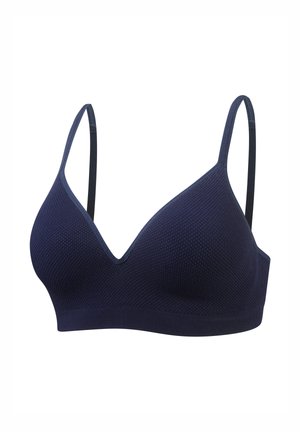 Marineblauer BH mit strukturiertem Muster, V-Ausschnitt und dünnen verstellbaren Trägern. Weicher Stoff mit nahtlosem Abschluss.