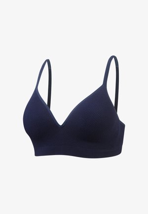 Marineblauer BH mit strukturiertem Muster, V-Ausschnitt und dünnen verstellbaren Trägern. Weicher Stoff mit nahtlosem Abschluss.