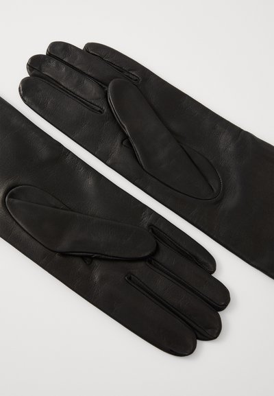 Sorte skinnhansker med en glatt tekstur, med forlengede fingre og et minimalistisk design. Utsmykket med små, ovale lapper på håndflatene.