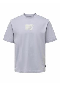 Lys grå bomulds t-shirt med rund hals og korte ærmer, prydet med et hvidt MTV logo grafisk design på fronten. Glat tekstur.