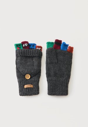 Gants sans doigts gris foncé avec des couvre-doigts tricotés multicolores présentant de petits visages et un rabat boutonné sur un gant.