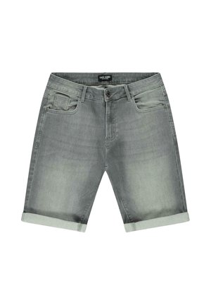 Verbleekte grijze denimshorts met een opgerolde zoom, voorzien van vijf zakken en een klassieke knoopsluiting. Soepele textuur met een lichte glans.