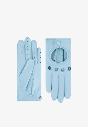 Hellblaue Lederfahrhandschuhe mit Perforationen und einem Druckknopfverschluss am Handgelenk, Vorder- und Rückansicht gezeigt.