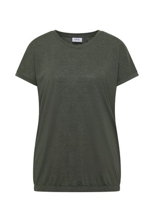 Kurzärmeliges olivgrünes Damen-T-Shirt mit dezentem tonalem Blumenmuster und rundem Ausschnitt, elastischem Saum.