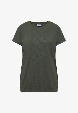 Kortærmet olivengrøn dames T-shirt med subtil tonet blomsterprint og rund halsudskæring, elastisk kant.
