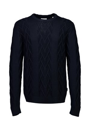Marineblauer Rundhals-Pullover mit strukturiertem Zopfmuster, gerippten Bündchen und Saum sowie langen Ärmeln. Aus Baumwollmischung gefertigt.