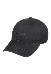 Casquette en coton noir avec visière courbée, logo brodé en marron, six trous de ventilation, strap ajustable à l'arrière, tissu texturé.