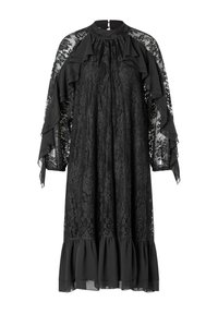 Schwarzes Spitzenkleid mit einem Rüschenausschnitt und -ärmeln, verfügt über einen ausgestellten Saum. Das Material hat eine mehrschichtige Struktur und eine durchsichtige Überlage.