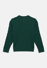 Sweter w warkocz w ciemnozielonym kolorze, z prążkowanym kołnierzem i mankietami, o strukturalnym wzorze i rękawach raglanowych. Pokazano widok z tyłu.