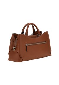 Borsa a tracolla in pelle marrone con doppi manici, parte superiore curva e tasca frontale con cerniera. Presenta una texture liscia e dettagli in metallo color oro.