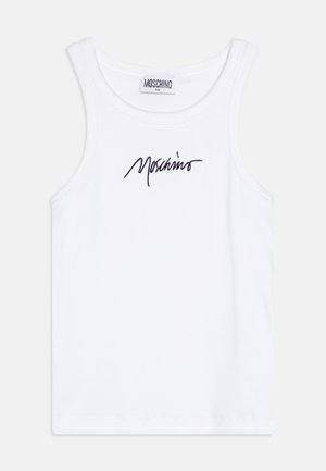 Camiseta de tirantes blanca de algodón con el logotipo "Moschino" bordado en negro. Presenta una textura acanalada y un diseño sin mangas con escote redondo.