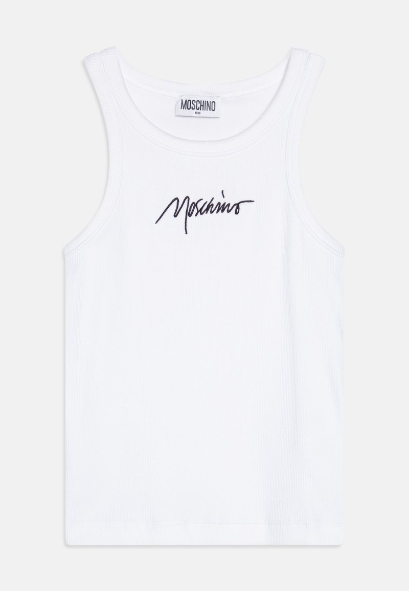 Débardeur blanc en coton avec logo "Moschino" brodé en noir. Présente une texture côtelée et un design sans manches avec un col rond.