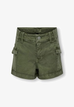Zielone bawełniane szorty z wysokim stanem, przednimi kieszeniami oraz bocznymi kieszeniami typu cargo. Gładka tekstura z widocznymi detalami szwów.