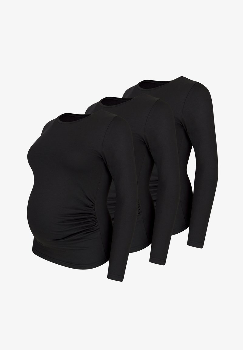 Camisetas negras de manga larga en un paquete de tres, con un diseño ajustado y fruncidos laterales para adaptarse durante el embarazo. Tejido elástico suave.
