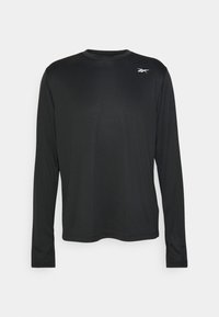 Svart långärmad skjorta i lättviktsmaterial. Har en rundad halsringning och en liten vit logotyp på bröstet. Slät textur.