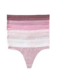 Set di sette mutande da donna in diverse tonalità di rosa, bianco e grigio. Tessuto in cotone morbido con una combinazione di design a tinta unita e righe.