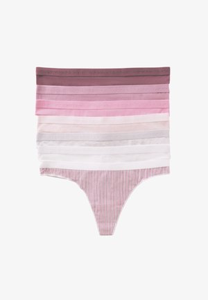 Verpakking van zeven damesonderbroeken in verschillende tinten roze, wit en grijs. Zachte katoenstof met een mix van effen en gestreepte ontwerpen.