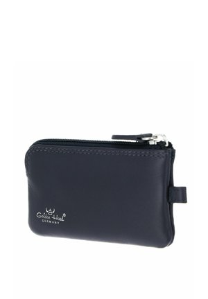 Petite pochette noire en cuir avec fermeture éclair, languette latérale et logo "Golden Head Germany" blanc sur le devant.