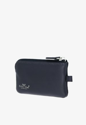 Petite pochette noire en cuir avec fermeture éclair, languette latérale et logo "Golden Head Germany" blanc sur le devant.