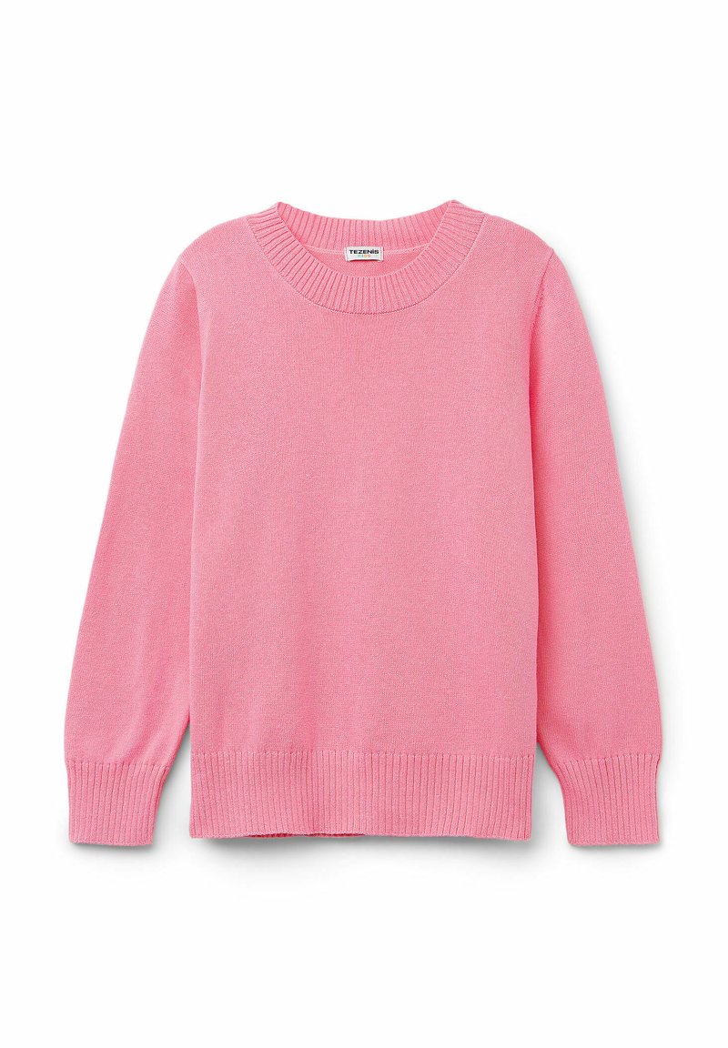 Rosa gestrickter Pullover mit Rundhalsausschnitt, langen Ärmeln und gerippten Bündchen und Saum. Weiche Textur und einfaches Design.