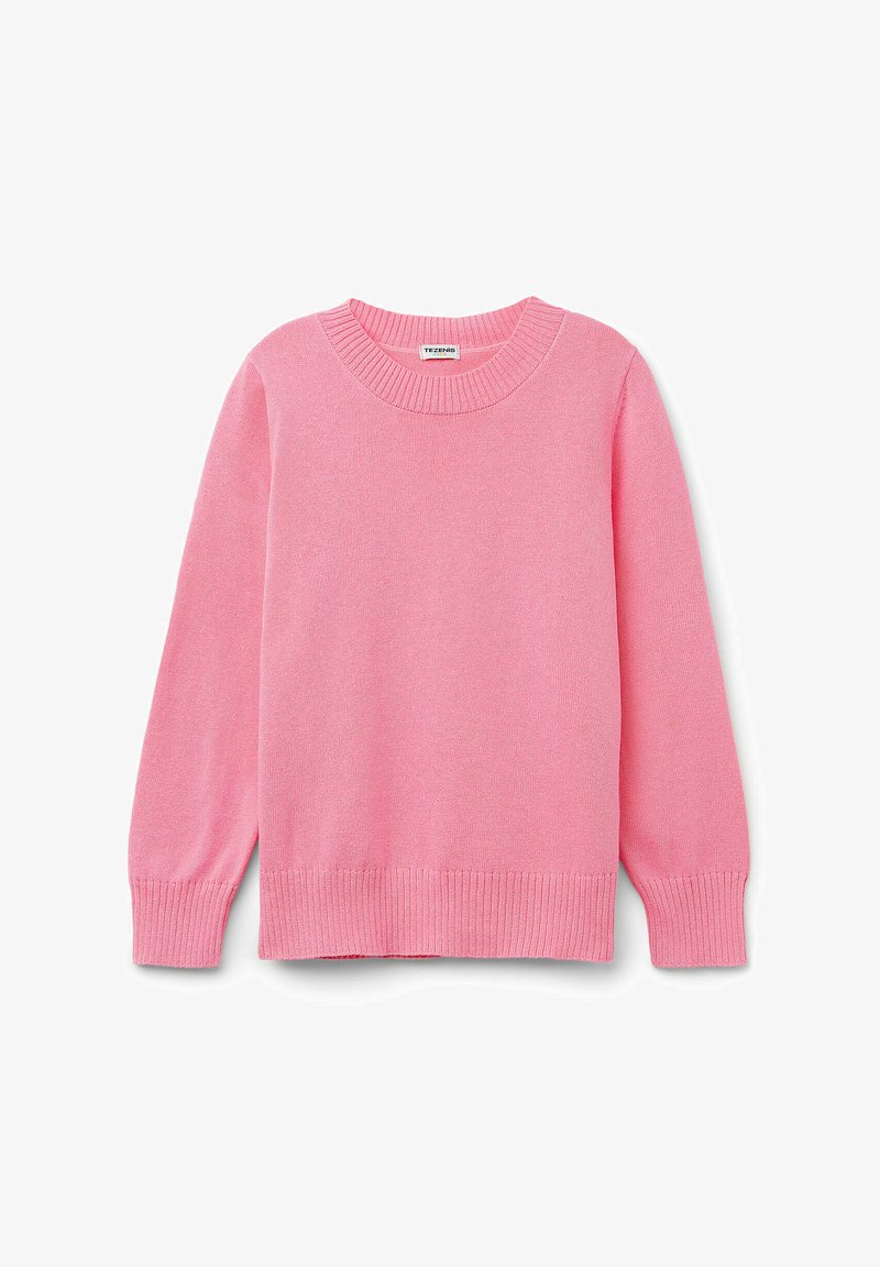 Rosa gestrickter Pullover mit Rundhalsausschnitt, langen Ärmeln und gerippten Bündchen und Saum. Weiche Textur und einfaches Design.