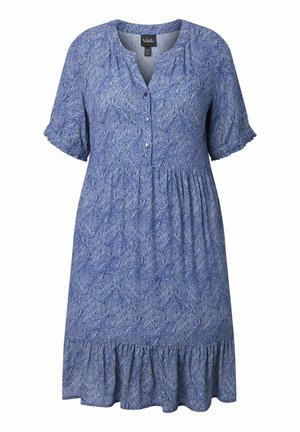 Vestito blu fino al ginocchio con maniche corte, scollo tondo, tre bottoni frontali, delicato motivo a foglie e dettaglio arricciato sull'orlo.