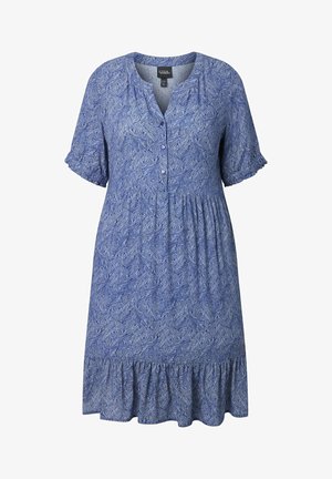 Sininen polvipituinen mekko, jossa on lyhyet hihat, pyöreä pääntie, kolme napillista nappia edessä, hienovarainen lehväkuvio ja röyhelöreunushelmassa.