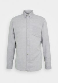 Camicia a maniche lunghe con bottoni in tessuto intrecciato grigio chiaro, con taschino sul petto, collo con risvolto e texture sottile con bottoni a contrasto.