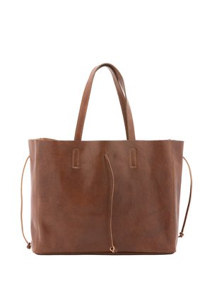Sac fourre-tout en cuir marron avec doubles poignées et détails à cordon sur les côtés et à l'avant, design minimaliste.