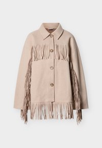 Beež villane jakk, mille varrukate ja ääre ääres on tuttidega detailid. Omab kraega kaelust ja ees on kolm nähtavat nööbikihti.