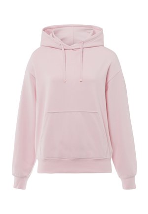 Sudadera con capucha rosa, hecha de tela suave, que cuenta con un bolsillo frontal, cordones ajustables, corte holgado y puños acanalados.